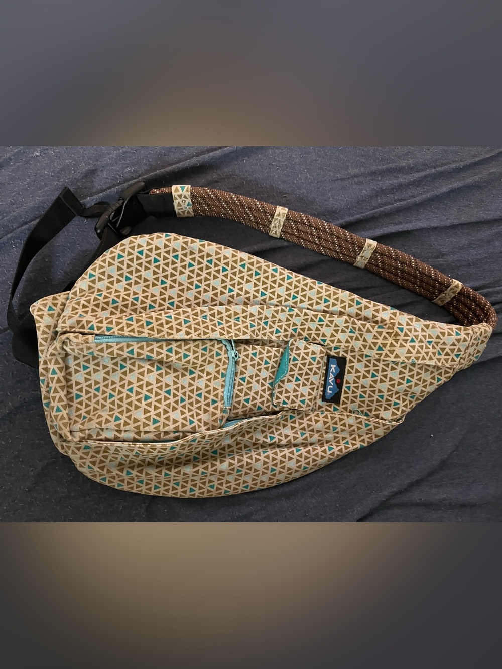 Kavu Tan Geometric Sling Bag with Teal Accents